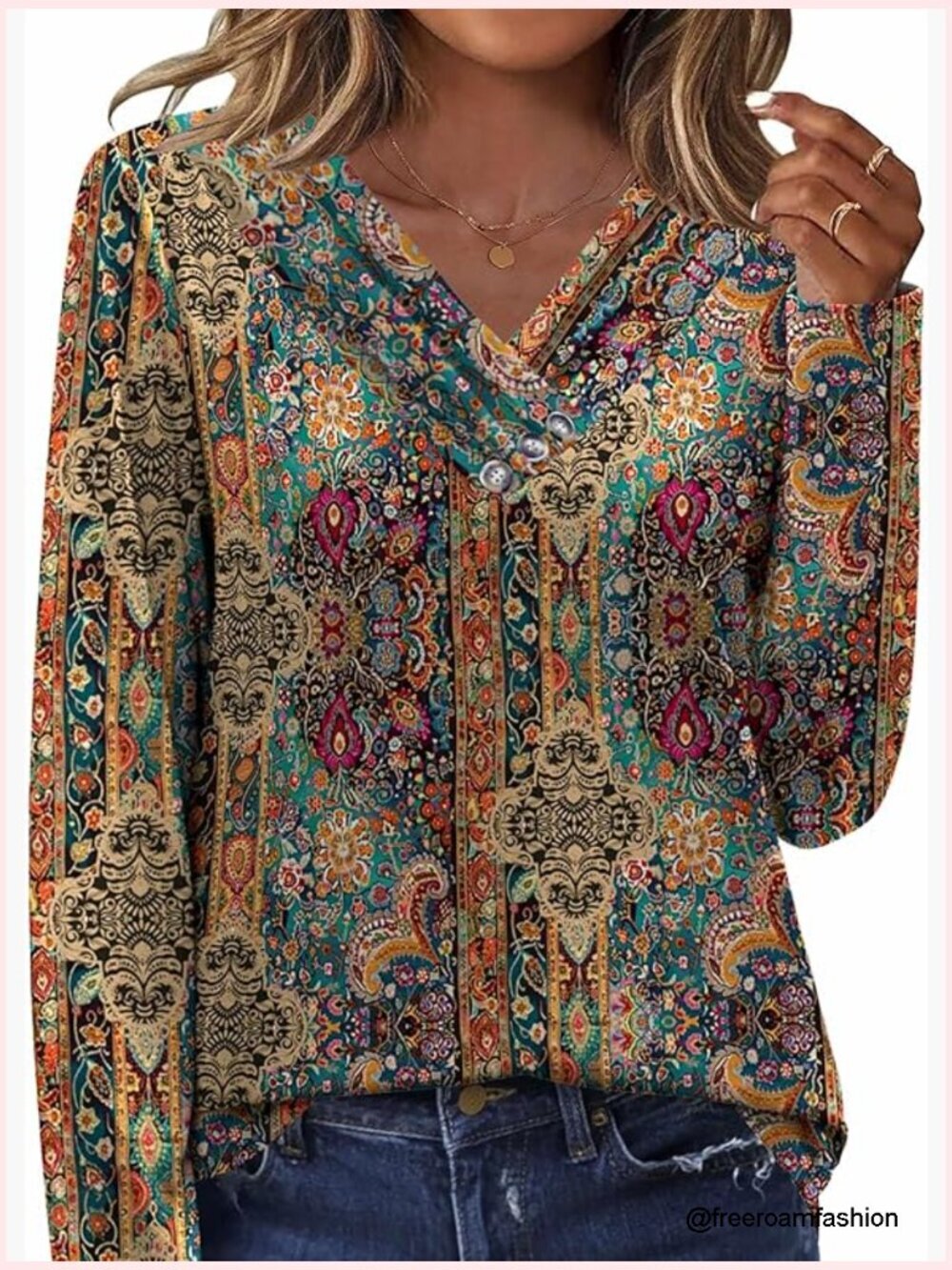 Long Sleeve Tunic Top Loose Fit V-Neck Blouse Polyester Spandex